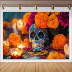 Lofaris Vibrant Mexican Fiesta Backdrop with Sugar Skull and Marigold Flowers, Festive Day of the Dead Background for Party Decor
