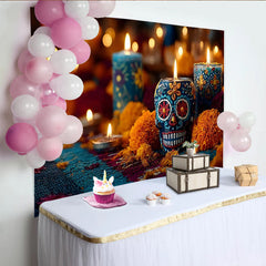 Lofaris Vibrant Mexican Fiesta Backdrop with Sugar Skull and Marigold Flowers, Festive Day of the Dead Party Decor for Celebration Photography