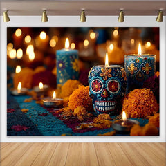 Lofaris Vibrant Mexican Fiesta Backdrop with Sugar Skull and Marigold Flowers, Festive Day of the Dead Party Decor for Celebration Photography