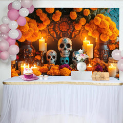 Lofaris Ornate Dia de los Muertos Backdrop with Sugar Skulls, Marigold Flowers and Candles, Festive Mexican Holiday Party Decor for Photography