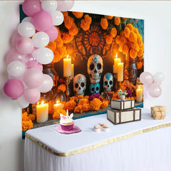 Lofaris Ornate Dia de los Muertos Backdrop with Sugar Skulls, Marigold Flowers and Candles, Festive Mexican Holiday Party Decor for Photography