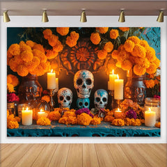 Lofaris Ornate Dia de los Muertos Backdrop with Sugar Skulls, Marigold Flowers and Candles, Festive Mexican Holiday Party Decor for Photography