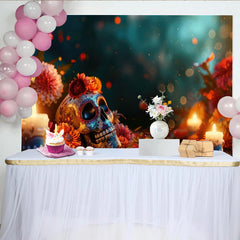 Lofaris Vibrant Day of the Dead Sugar Skull Backdrop, Colorful Flowers, Candles and Bokeh Lights, Festive Photography Background