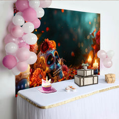 Lofaris Vibrant Day of the Dead Sugar Skull Backdrop, Colorful Flowers, Candles and Bokeh Lights, Festive Photography Background