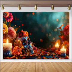 Lofaris Vibrant Day of the Dead Sugar Skull Backdrop, Colorful Flowers, Candles and Bokeh Lights, Festive Photography Background