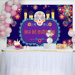 Lofaris Vibrant Dia de Muertos Backdrop with Sugar Skull and Candles, Colorful Floral Background for Mexican Fiesta Celebration