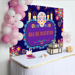 Lofaris Vibrant Dia de Muertos Backdrop with Sugar Skull and Candles, Colorful Floral Background for Mexican Fiesta Celebration