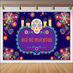 Lofaris Vibrant Dia de Muertos Backdrop with Sugar Skull and Candles, Colorful Floral Background for Mexican Fiesta Celebration