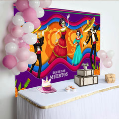 Lofaris Vibrant Day of the Dead Backdrop with Dancing Skeletons and Mariachi Music, Festive Mexican Fiesta Background for Holiday Party Decor.
