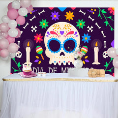 Lofaris Vibrant Dia de Muertos Sugar Skull Backdrop with Colorful Flowers and Candles, Festive Mexican Holiday Background for Celebration