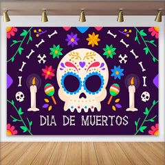 Lofaris Vibrant Dia de Muertos Sugar Skull Backdrop with Colorful Flowers and Candles, Festive Mexican Holiday Background for Celebration