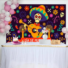Lofaris Vibrant Día de Muertos Skeleton Backdrop with Guitar and Flowers, Festive Mexican Celebration Photo Background Decor