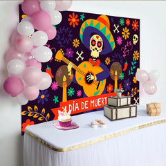 Lofaris Vibrant Día de Muertos Skeleton Backdrop with Guitar and Flowers, Festive Mexican Celebration Photo Background Decor