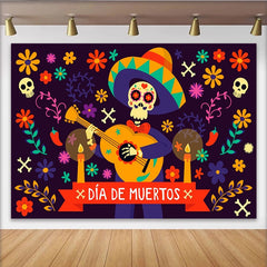 Lofaris Vibrant Día de Muertos Skeleton Backdrop with Guitar and Flowers, Festive Mexican Celebration Photo Background Decor