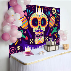 Lofaris Colorful Dia de Muertos Sugar Skull Backdrop with Maracas and Cacti, Vibrant Mexican Holiday Decor for Festive Photoshoot