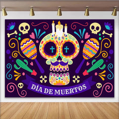 Lofaris Colorful Dia de Muertos Sugar Skull Backdrop with Maracas and Cacti, Vibrant Mexican Holiday Decor for Festive Photoshoot