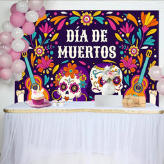Lofaris Vibrant Day of the Dead Backdrop, Sugar Skulls and Guitars, Festive Floral Party Background for Mexican Holiday Celebration