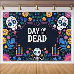Lofaris Day of the Dead Backdrop with Sugar Skulls, Candles and Bright Flowers, Festive Mexican Fiesta Background for Dia de los Muertos