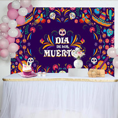 Lofaris Colorful Dia de los Muertos Backdrop with Sugar Skulls and Marigolds, Mexican Fiesta Background for Holiday Party Decor
