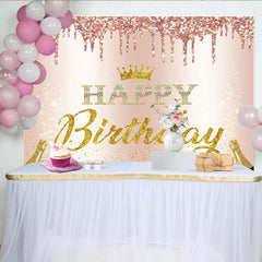 Lofaris Rose Gold Glitter Happy Birthday Backdrop with Golden Crown and Champagne, Elegant Party Background for Women Photoshoot