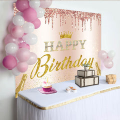 Lofaris Rose Gold Glitter Happy Birthday Backdrop with Golden Crown and Champagne, Elegant Party Background for Women Photoshoot