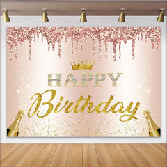 Lofaris Rose Gold Glitter Happy Birthday Backdrop with Golden Crown and Champagne, Elegant Party Background for Women Photoshoot