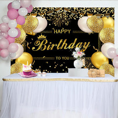 Lofaris Elegant Black and Gold Glitter Birthday Backdrop with Balloons and Crown, Festive Party Decor for Celebration