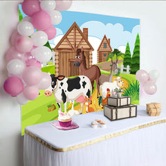 Lofaris Cute Cartoon Farm Animal Birthday Backdrop with Green Fields, Adorable Farmhouse Background for Kids Party Decor