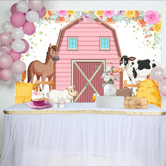 Lofaris Cute Cartoon Farm Animal Birthday Backdrop with Pink Barn, Floral Accents, Party Background for Kids Photoshoot