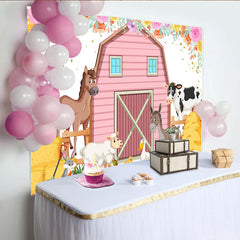 Lofaris Cute Cartoon Farm Animal Birthday Backdrop with Pink Barn, Floral Accents, Party Background for Kids Photoshoot