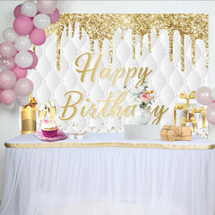 Lofaris Gold Glitter Happy Birthday Backdrop with Champagne and Gifts, Elegant Quilted Party Decor for Photoshoot