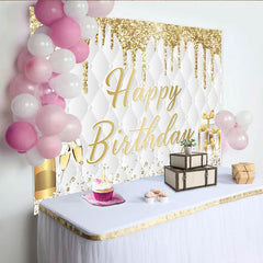 Lofaris Gold Glitter Happy Birthday Backdrop with Champagne and Gifts, Elegant Quilted Party Decor for Photoshoot