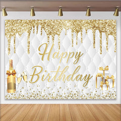 Lofaris Gold Glitter Happy Birthday Backdrop with Champagne and Gifts, Elegant Quilted Party Decor for Photoshoot