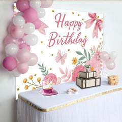 Lofaris Pink Floral Happy Birthday Backdrop with Bows and Glitter for Girls, Beautiful Flower Photo Background for Party Decor