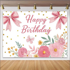 Lofaris Pink Floral Happy Birthday Backdrop with Bows and Glitter for Girls, Beautiful Flower Photo Background for Party Decor
