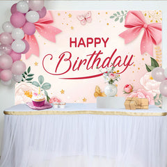 Lofaris Pink Floral Butterfly Birthday Backdrop with Elegant Bows and Stars, Beautiful Party Background for Girls Photoshoot