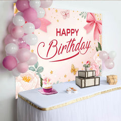 Lofaris Pink Floral Butterfly Birthday Backdrop with Elegant Bows and Stars, Beautiful Party Background for Girls Photoshoot