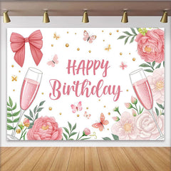 Lofaris Elegant Pink Floral Champagne Birthday Backdrop with Butterflies and Gold Dots, Party Decor for Girls Women Celebration
