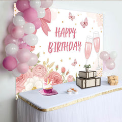 Lofaris Pink Floral Birthday Backdrop with Elegant Bow and Butterflies, Champagne Celebration Background for Party Decor