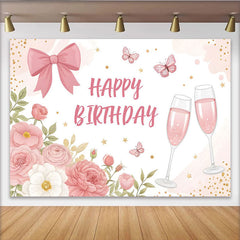 Lofaris Pink Floral Birthday Backdrop with Elegant Bow and Butterflies, Champagne Celebration Background for Party Decor