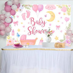 Lofaris Pink Floral Baby Shower Backdrop with Baby Carriage, Balloons and Moon, Stars Decor for Girl Photoshoot Party