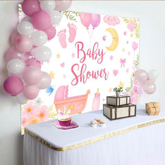 Lofaris Pink Floral Baby Shower Backdrop with Baby Carriage, Balloons and Moon, Stars Decor for Girl Photoshoot Party