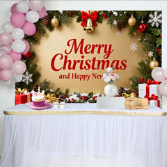 Lofaris Merry Christmas and Happy New Year Party Backdrop, Festive Gold Holiday Decor with Garland and Gifts