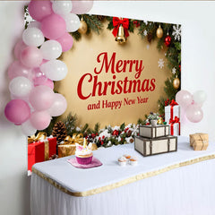 Lofaris Merry Christmas and Happy New Year Party Backdrop, Festive Gold Holiday Decor with Garland and Gifts
