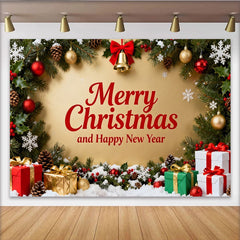Lofaris Merry Christmas and Happy New Year Party Backdrop, Festive Gold Holiday Decor with Garland and Gifts