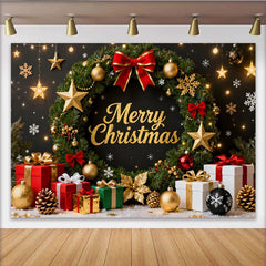 Lofaris Elegant Gold Glitter Merry Christmas Wreath Party Backdrop with Festive Gifts and Stars