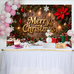 Lofaris Rustic Wood Merry Christmas Party Backdrop, featuring Golden Text, Holly Berries and Snow, for Festive Holiday Decor