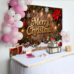Lofaris Rustic Wood Merry Christmas Party Backdrop, featuring Golden Text, Holly Berries and Snow, for Festive Holiday Decor