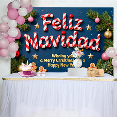 Lofaris Feliz Navidad Candy Cane Letters Party Backdrop with Gingerbread Men, Festive Christmas New Year Decor