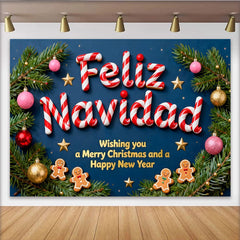 Lofaris Feliz Navidad Candy Cane Letters Party Backdrop with Gingerbread Men, Festive Christmas New Year Decor